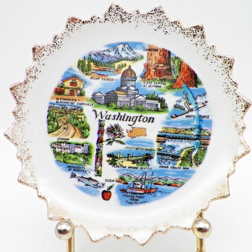 Washington State Mini Plate 4" Vintage Souvenir Mt Rainer Totem Pole Famous Site